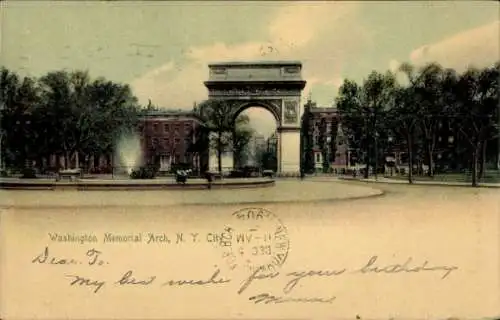 Ak New York City USA, Washington Memorial Arch, Parkansicht, Farbige 
