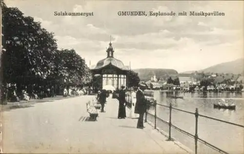 Ak Gmunden am Traunsee Salzkammergut Oberösterreich, Salzkammergut,  Esplanade, Musikpavillon,  