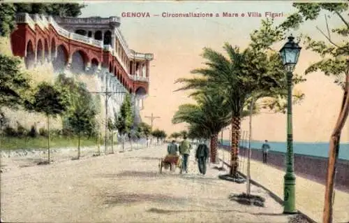 Ak Genova Genua Liguria, Promenade, Villa Figari, Palmen, Spaziergänger, Laterne