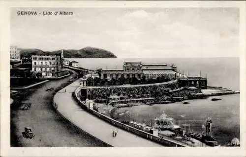 Ak Nervi Genova Genua Liguria, Schwarz-Weiß-Ansicht von Lido d'Albaro, Strandpromenade, Meer, Geb