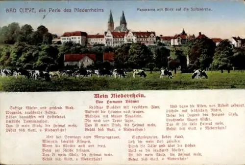 Ak Bad Cleve Kleve am Niederrhein, Panorama mit Stiftskirche, Kühe auf der Wiese, Gedicht über de