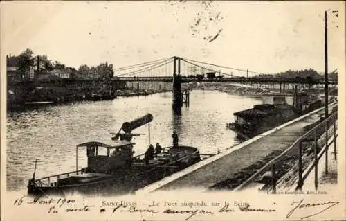 Ak Saint Denis Seine-Saint-Denis, Le Pont suspendu sur die Seine, Hafenansicht, Boote im Wasser