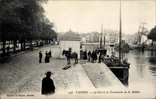Ak Vannes Morbihan, Port, Promenade von la Rabine,  Schiffe, Spaziergänger, Kutschen