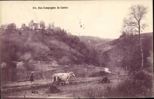 Ak Poitiers Vienne ?, Bauer pflügt das Feld