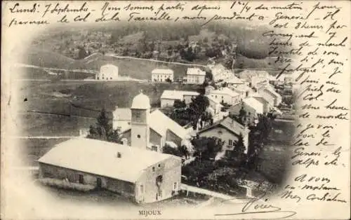 Ak Mijoux Ain, Landschaftsaufnahme, Gebäude, Kirche, ländliche Umgebung