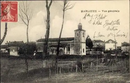 Ak Marlieux Ain, Schwarz-Weiß-Bild, Kirche, ländliche Umgebung, Bäume,  