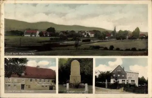 Ak Rauschwitz Elstra Oberlausitz, Kriegerdenkmal, Gasthof zum Hochstein