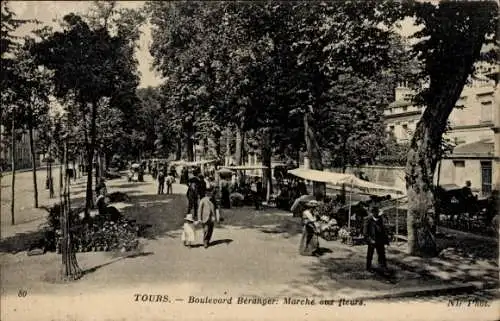 Ak Tours Indre et Loire, Boulevard Béranger, Markt, Verkaufsstände, Bäume, Menschen