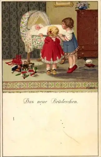 Künstler Ak Ebner, Pauli, Kinder Das neue Brüderchen, Kinder an der Wiege, Spielzeug