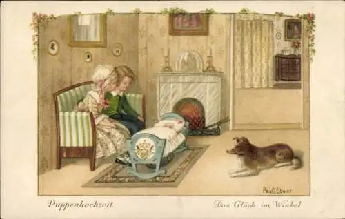 Künstler Ak Ebner, Pauli, Kinder, Puppe im Wiegebett, Hund