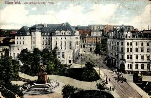 Ak Elberfeld Wuppertal, Am Brausenwerter Platz, Stadtansicht, Statue,  Architektur, belebte Straß