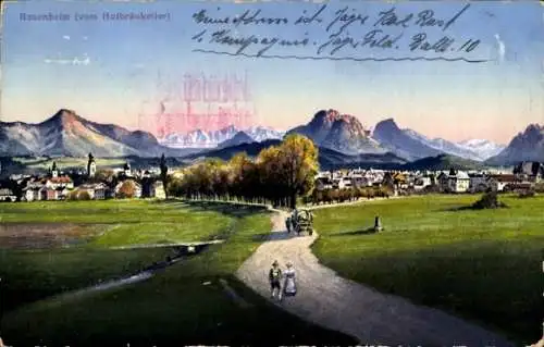 Ak Rosenheim Oberbayern, Landschaft mit Bergen, Weg und Bäumen, nmotiv, blauer Himmel