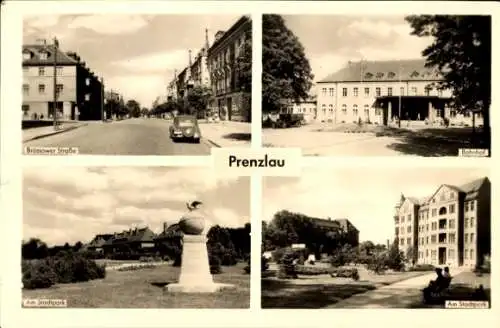 Ak Prenzlau in der Uckermark, Brüssower Straße, Bahnhof, Am Stadtpark, schwarz-weiße Fotografie