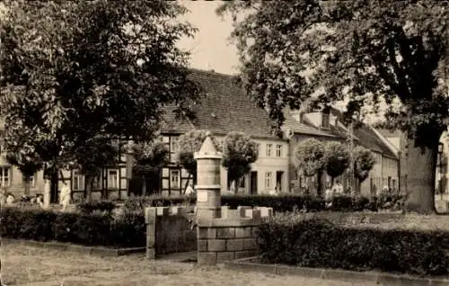Ak Uebigau Uebigau Wahrenbrück Brandenburg, Stadtwappenbrunnen am Marktplatz