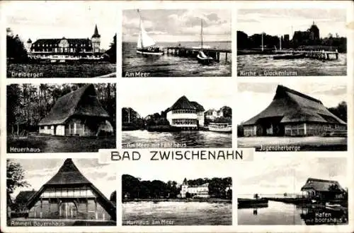 Ak Bad Zwischenahn in Oldenburg, Dreibergen, Am Meer, Kirche Glockenturm, Heuerhaus, Jugendherber