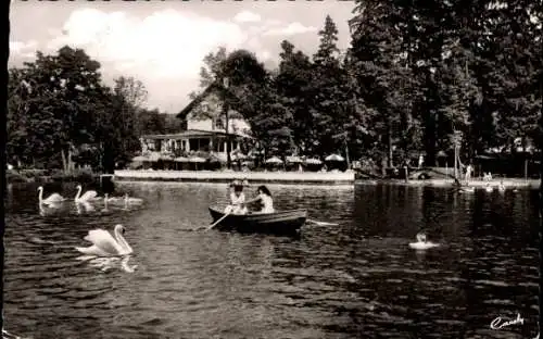Ak Bad Wörishofen im Unterallgäu, Terrassen-Café, Strandbad Waldsee, Bootfahrt, Schwäne, Bäume