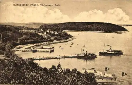 Ak Flensburg in Schleswig Holstein, Flensburger Förde, Glücksburger Bucht, Hafenansicht, Dampfer,