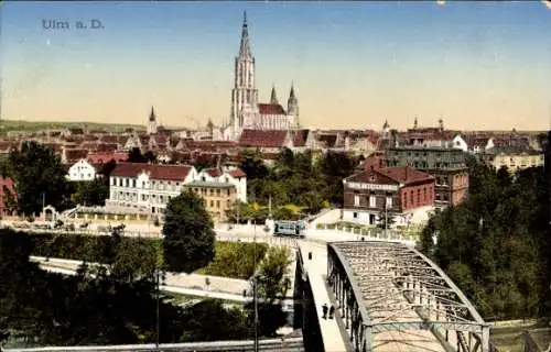 Ak Ulm an der Donau, Panoramaansicht, Ulmer Münster,  Architektur, Brücke