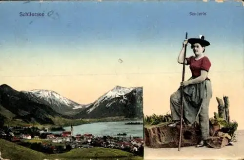 Ak Schliersee in Oberbayern,  Berglandschaft, Sennerin,  