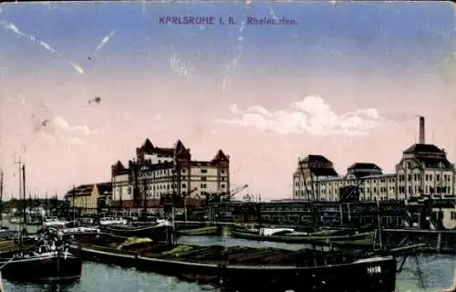 Ak Karlsruhe in Baden, Rheinhafen,  Architektur, Schiffe, ntext