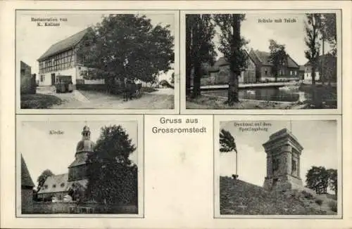 Ak Großromstedt Bad Sulza in Thüringen, Gasthaus, Schule, Teich, Kirche, Denkmal