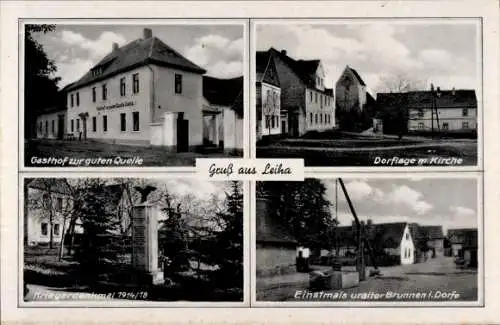 Ak Leiha Roßbach Braunsbedra, Gasthof Zur guten Quelle, Dorflage, Kirche, Kriegerdenkmal