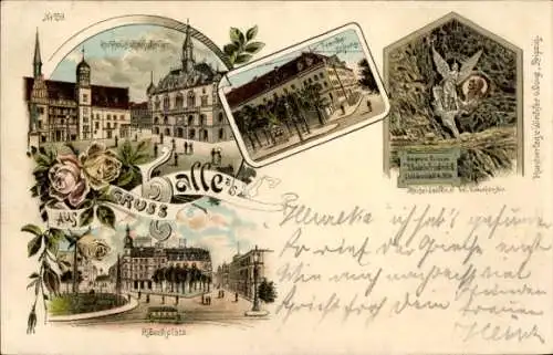 Litho Halle an der Saale, Riebeckplatz, Kaiser Denkmal, Marktplatz