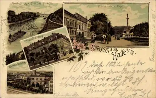 Litho Halle an der Saale, Francke-Stiftung, Promenade, Post, Klinische Anstalten, Trothaer Felsen