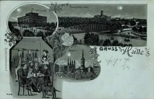 Mondschein Litho Halle Saale, Universität, Burg Giebichenstein, Marktplatz, Hund