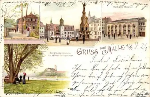 Litho Halle an der Saale, Marktplatz, Walhalla-Theater, Restaurant Waldkater