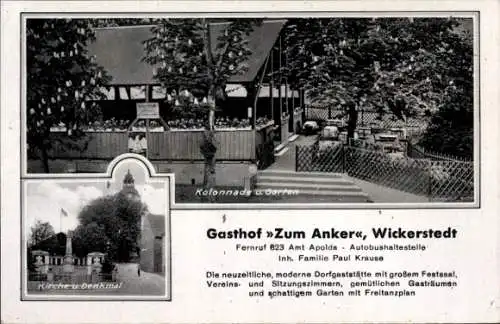 Ak Wickerstedt Bad Sulza inThüringen, Gasthof zum Anker, Inh. Paul Krause, Kirche, Denkmal
