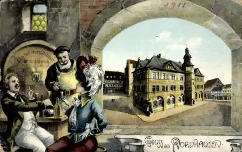 Ak Nordhausen am Harz, Historisches Gebäude, bunte Illustration, zwei Männer am Tisch, Bierkrug, 