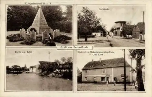 Ak Schnellroda Steigra im Saalekreis, Kriegerdenkmal 1914-18, Partie am Teich, Dorfstraße, Bäcker
