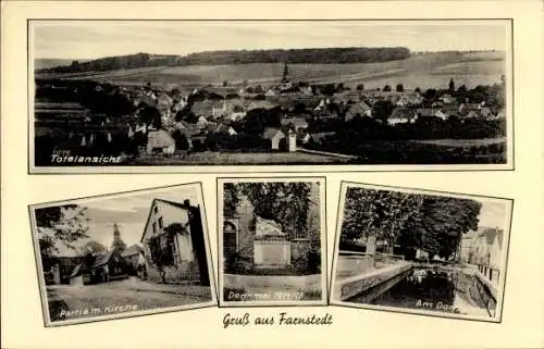 Ak Farnstedt Farnstädt im Saalekreis, Panorama, Kirche, Denkmal, Dorfteich