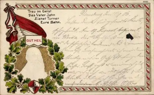 Präge Wappen Ak Gut Heil, Treu im Geist des Vater Jahn ziehet Turner Eure Bahn