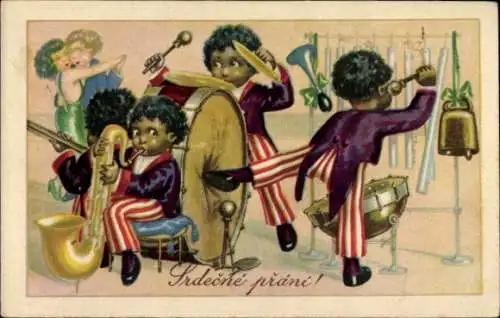 Ak Musizierende Kinder, Trommel, Saxofon, Tanzpaar
