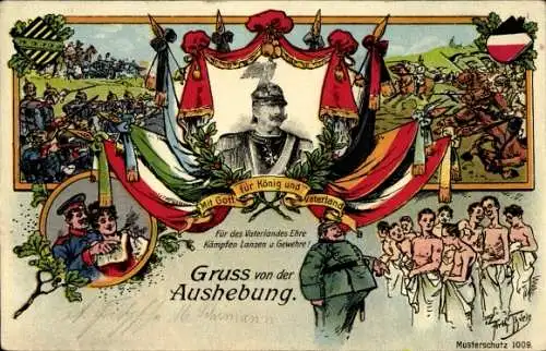 Künstler Ak Thiele, Arthur, Gruß von der Aushebung, Kaiser Wilhelm II