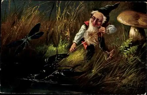 Künstler Ak Zwerg beim Angeln, Pilz