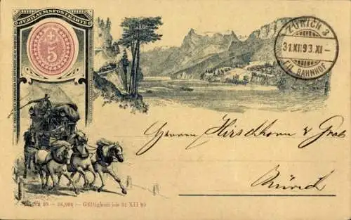 Vorläufer Litho Postkutsche, Gebirge, See, Jubiläumspostkarte, Gültigkeit bis 31.12.1893