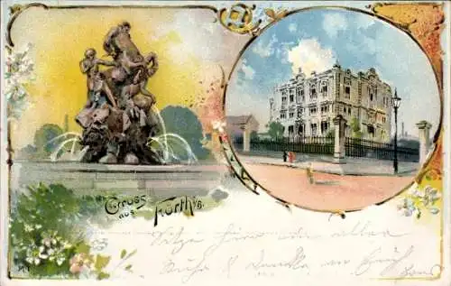 Litho Fürth in Mittelfranken Bayern, Kunstbrunnen, Freimaurerloge