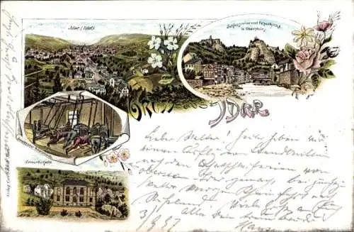 Litho Idar Oberstein an der Nahe, Gesamtansicht, Gewerbehalle, Schlossruine