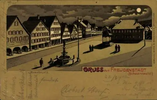 Mondschein Litho Freudenstadt im Nordschwarzwald, Marktplatz, Rathaus, Brunnen