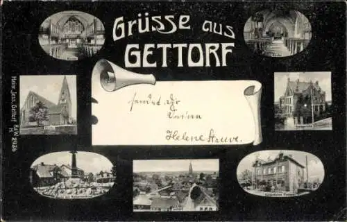 Ak Gettorf in Schleswig-Holstein, Teilansichten, Panorama, Kirche, Gebäude
