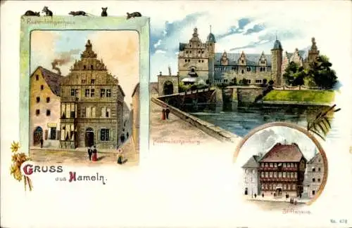 Litho Hameln in Niedersachsen, Rattenfängerhaus, Haemelschenburg, Stiftshaus