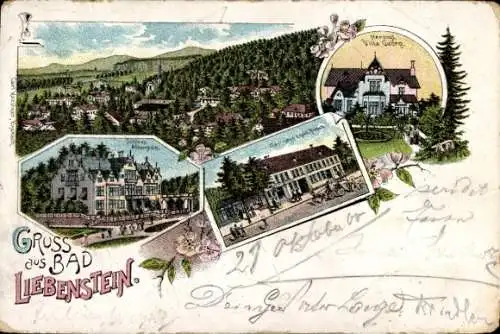 Litho Bad Liebenstein im Thüringer Wald, Gesamtansicht, Villa Georg, Schloss, Gasthaus