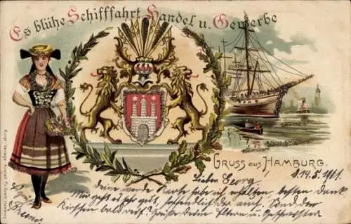 Wappen Litho Hamburg, Es blühe Schifffahrt, Handel und Gewerbe, Frau in Tracht