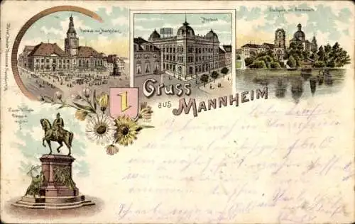 Wappen Litho Mannheim in Baden, Kaiser Wilhelm Denkmal, Rathaus, Marktplatz, Postamt