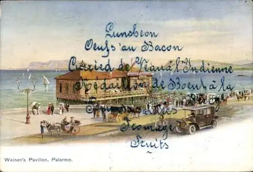 Ak Palermo Sizilien Sicilia Italien, Weinen's Pavillon, Strandansicht, auto, Menschen, Architektu