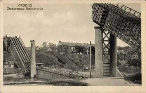 Ak Hrodna Grodno Weißrussland, Zersprengte Bahnbrücke,  Brücke, Architektur, Landschaft