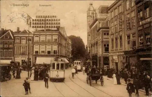 Ak Den Haag Südholland Niederlande,  Großer Platz, Straßenbahn,  Gebäude, Menschenmenge.